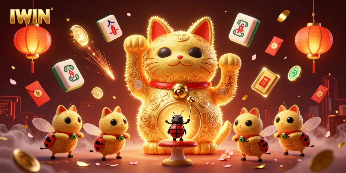 Experience IWIN with a vibrant, dynamic illustration showcasing a lucky cat made of golden fireflies amidst casino symbols and rich game elements.