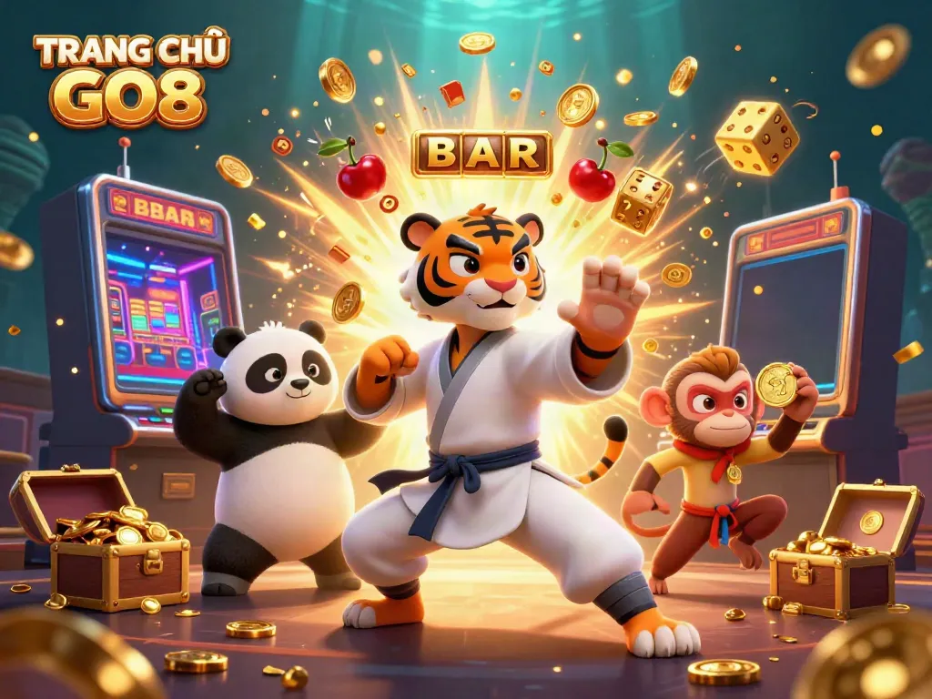 Engage with TRANG CHỦ GO8, where a kung fu tiger, panda, and monkey celebrate wins amidst jackpot chaos in an exciting casino scene.