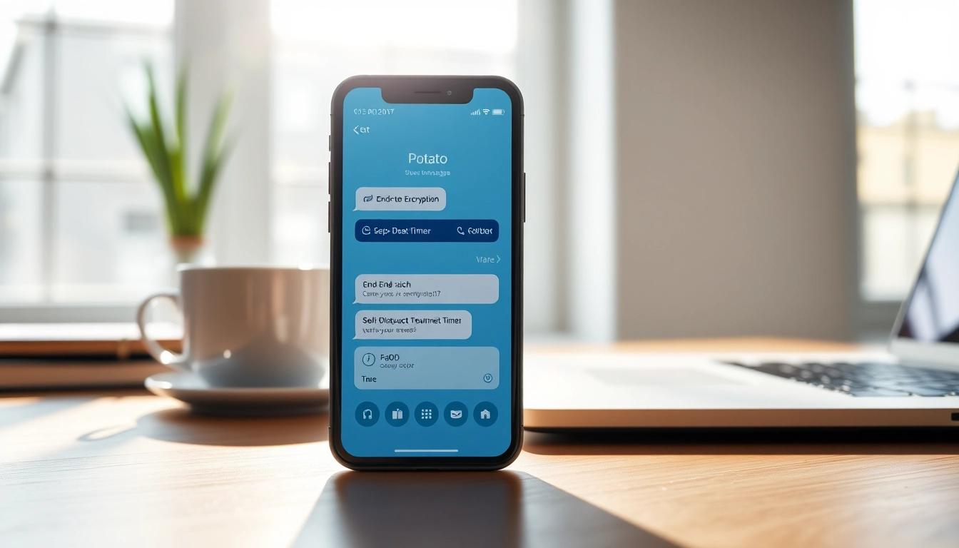 Smartphone displaying Potato messaging app with chat features and modern workspace