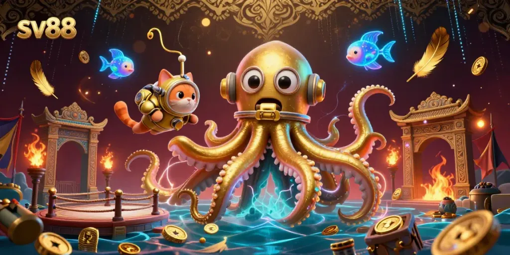 Engage with sv88's thrilling gaming universe featuring a colossal kraken and a diving cat amidst a treasure-rich backdrop.