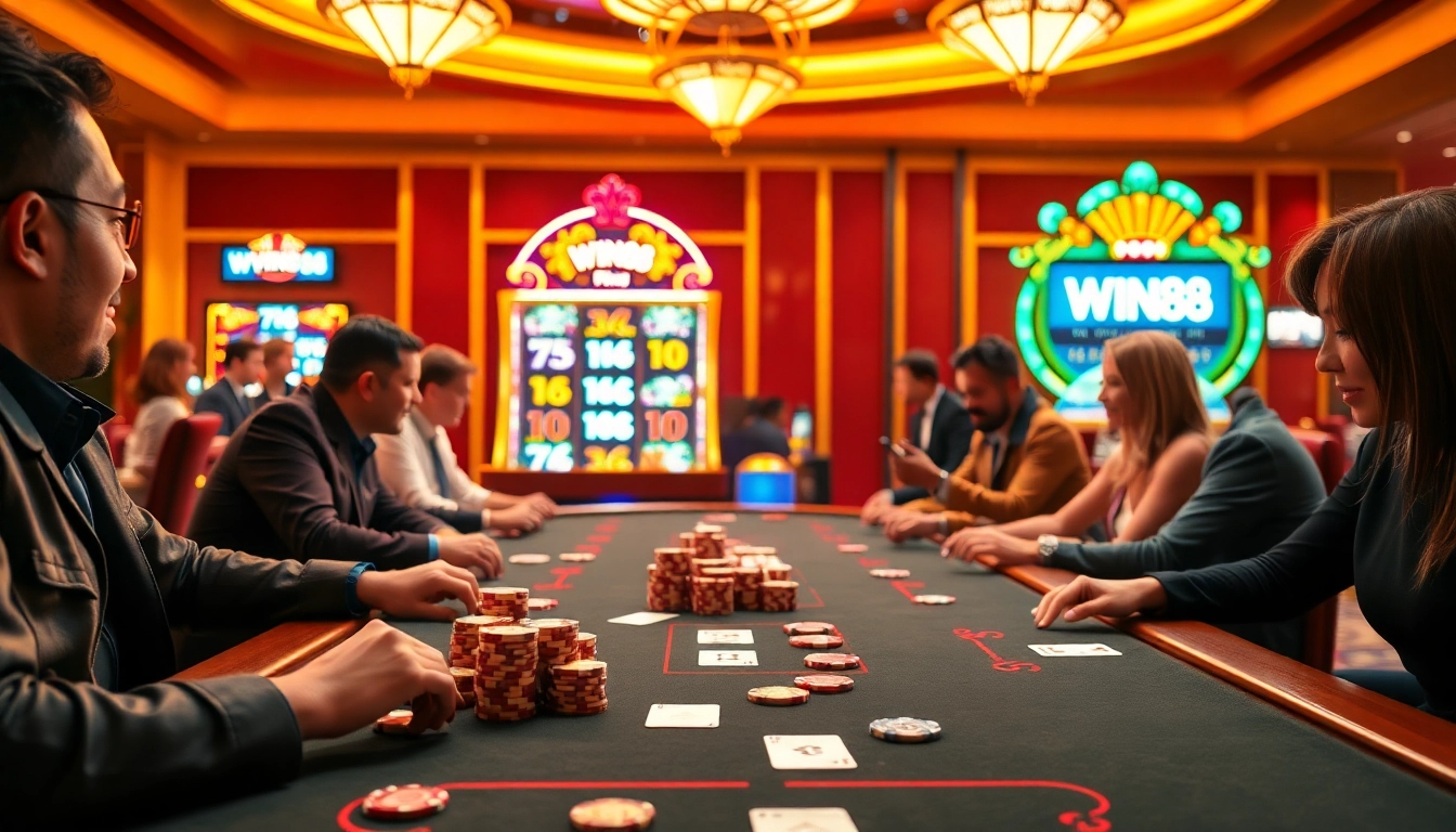 Players enjoying a thrilling game at WIN88 casino with vibrant chips and immersive ambiance.