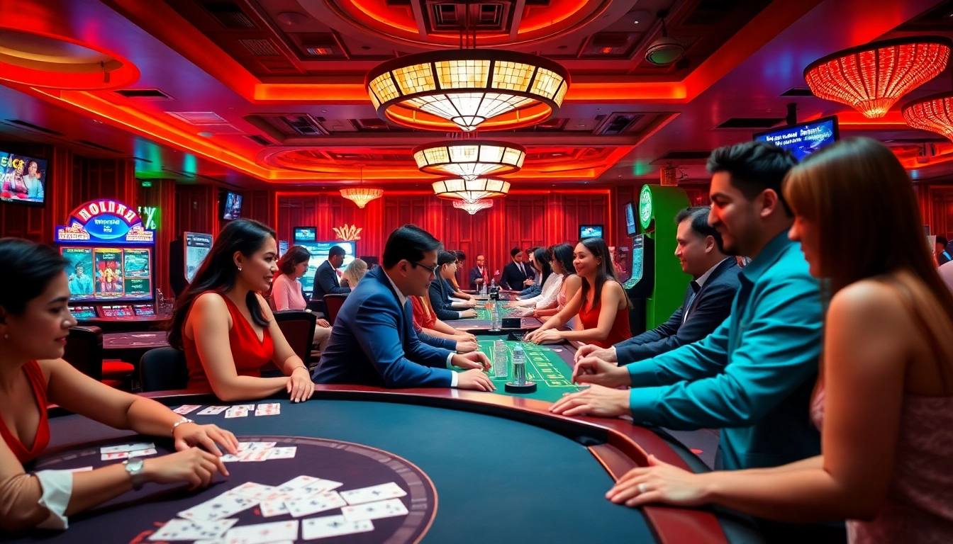 Experience the excitement of game bài Twin68 in a lively online casino environment filled with players and dealers.