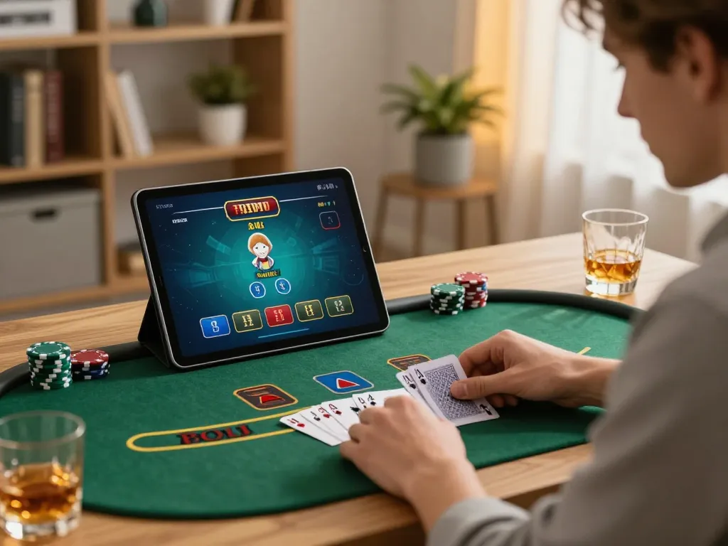 Engaging with the LLWIN Function while playing blackjack online at home.