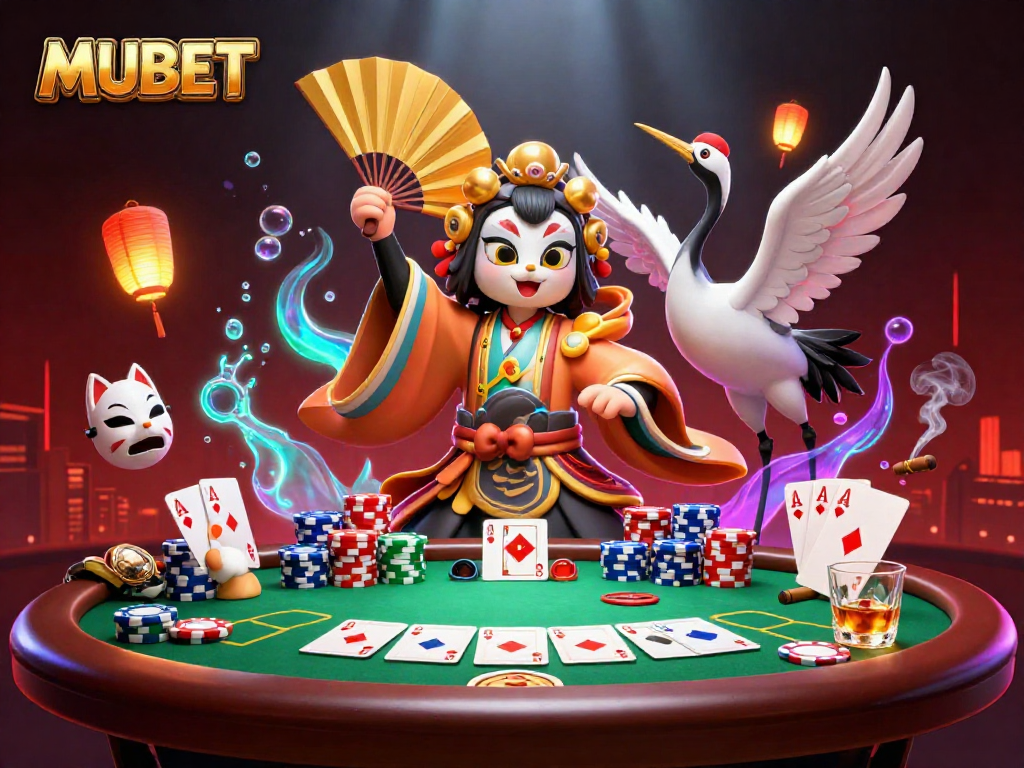 MUBET showcases a vibrant casino scene with a kabuki warrior and kitsune engaging in rich poker action.
