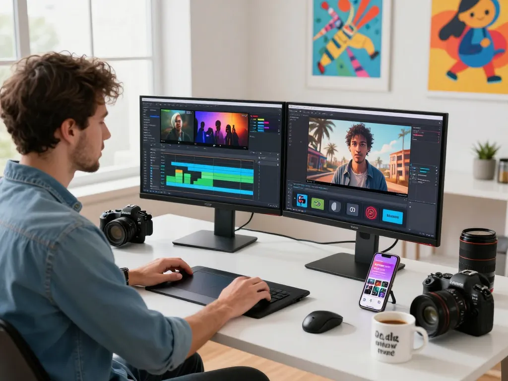 Creative professional generating videos with free motion control in a modern workspace.