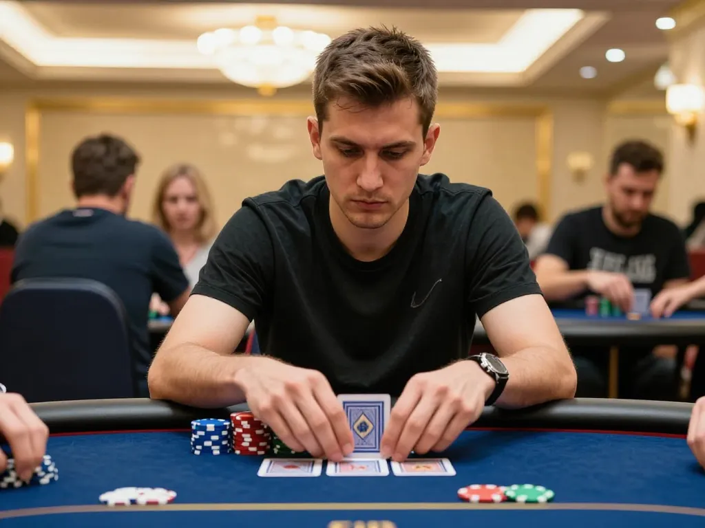 A player assesses their cards at the nhà cái go8 poker table in a stylish casino setting.