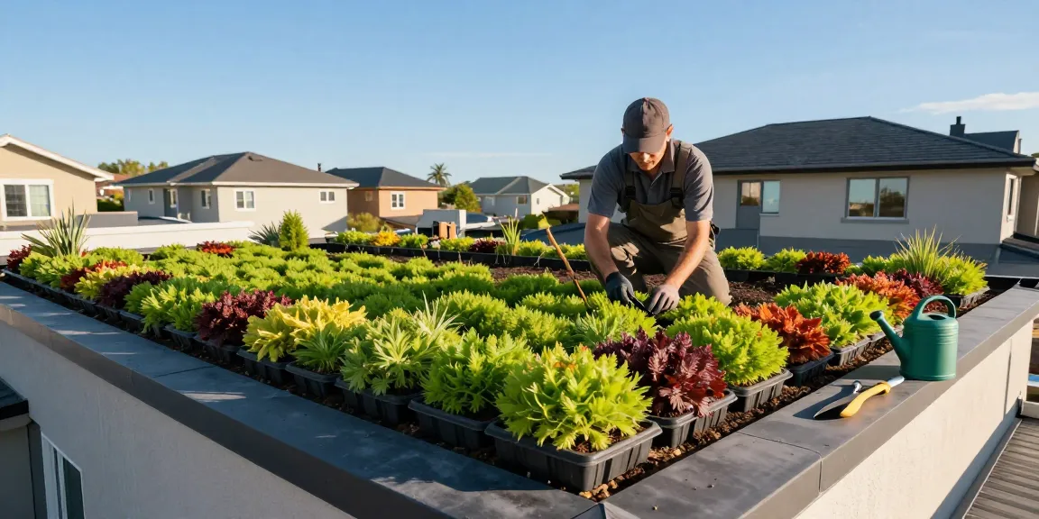 Fachgerechte Installation von intensiver Dachbegrünung mit lebhaften Sedum-Pflanzen auf einem umweltfreundlichen Dach.