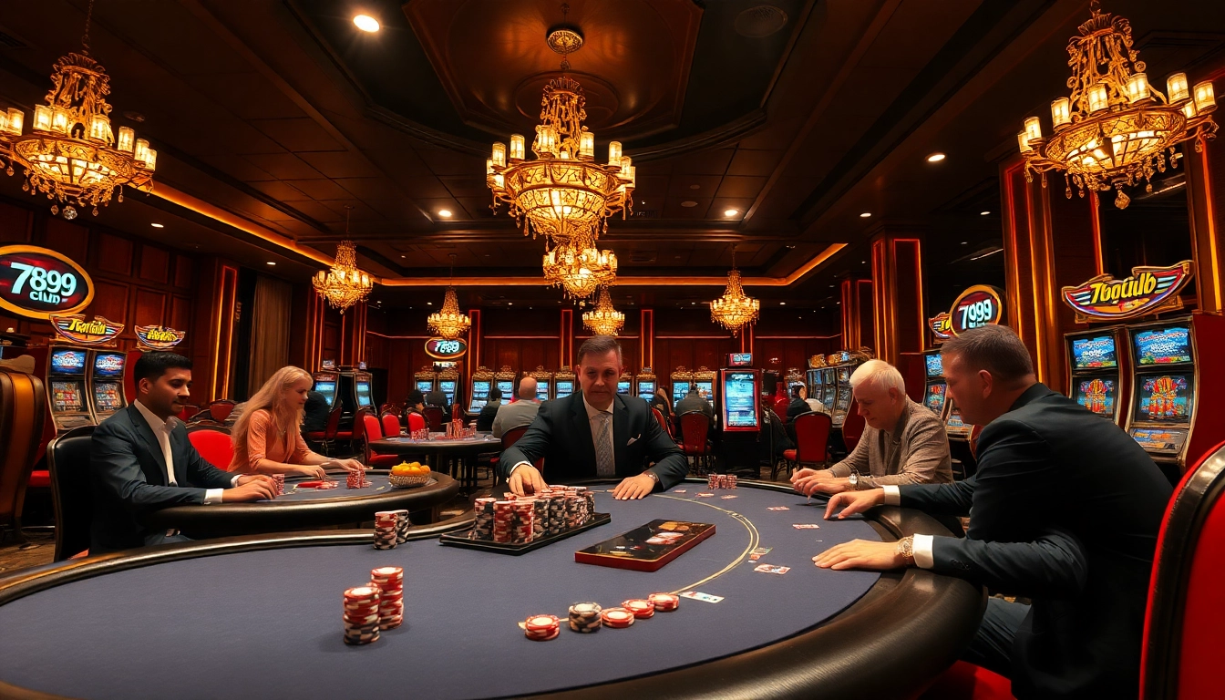A thrilling gambling scene at 789club featuring lively poker action and luxurious casino decor.