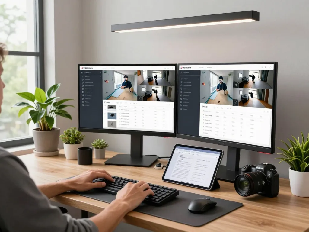 Sofortige Verwaltung mehrerer Überwachungskamerastreams in einem modernen Arbeitsumfeld.