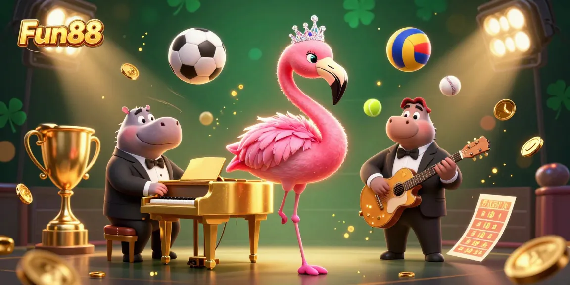Engaging Fun88 casino scene with a flamingo singer and sports elements, perfect for online betting.