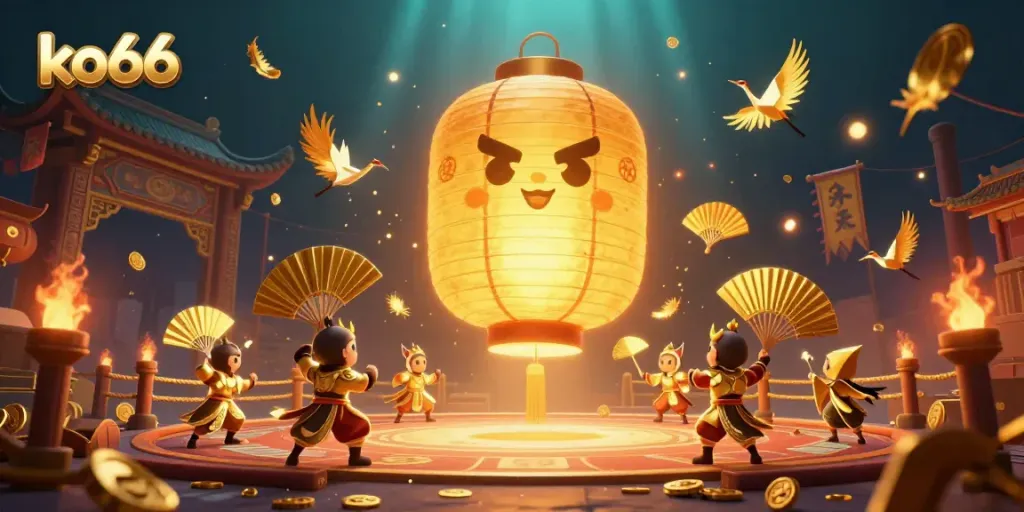 Engage in thrilling casino adventures with ko66, highlighted by a vibrant 3D illustration of golden lantern spirits and dynamic game elements.