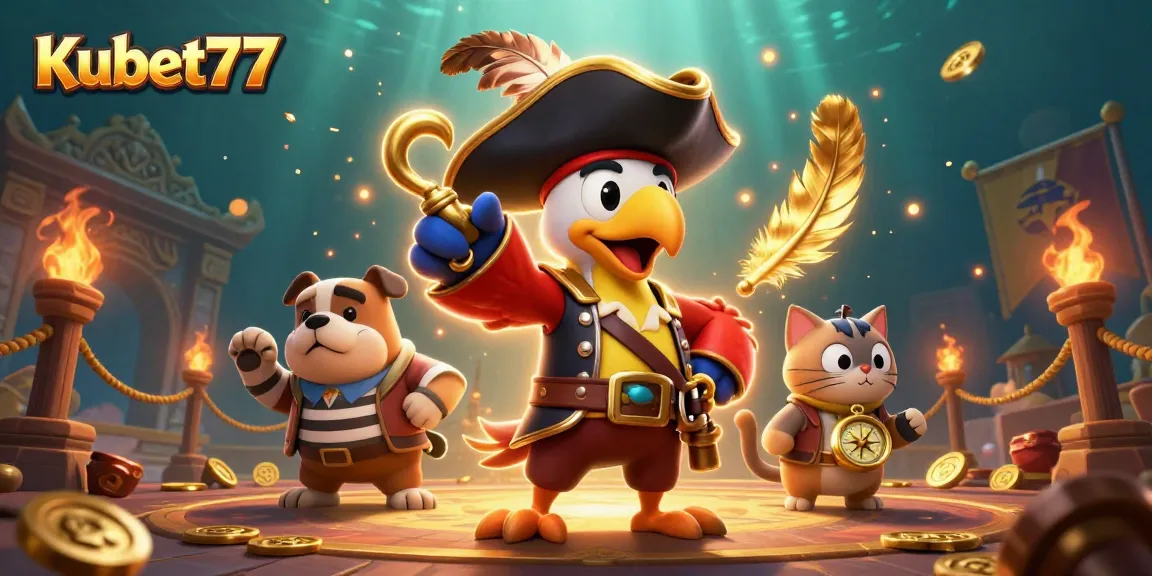 Kubet77 pirate captain and crew command dynamic games in a vibrant casino illustration.