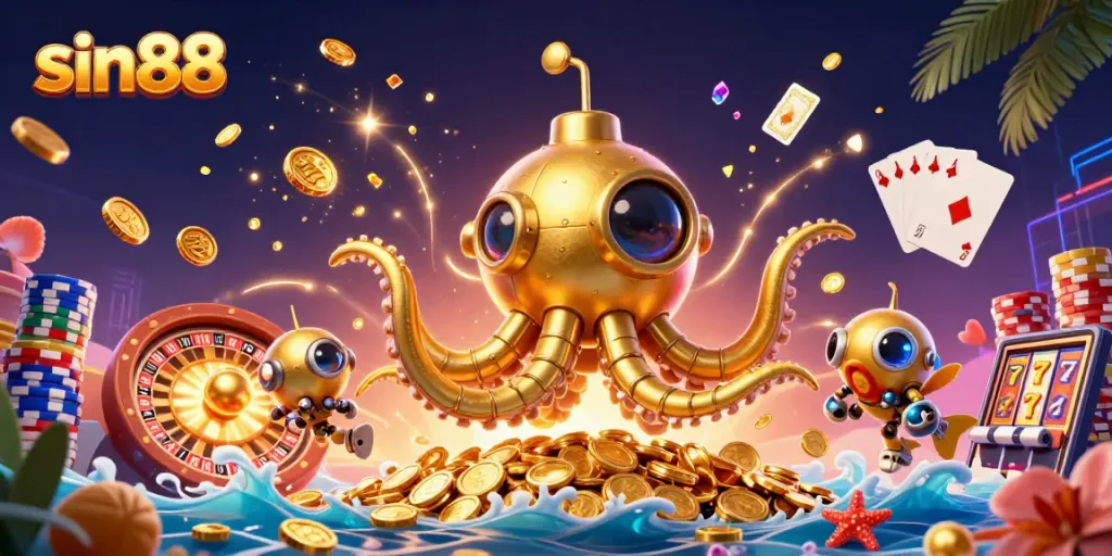 Engage in thrilling gaming action with sin88 as a golden kraken submarine explores intricate casino elements.