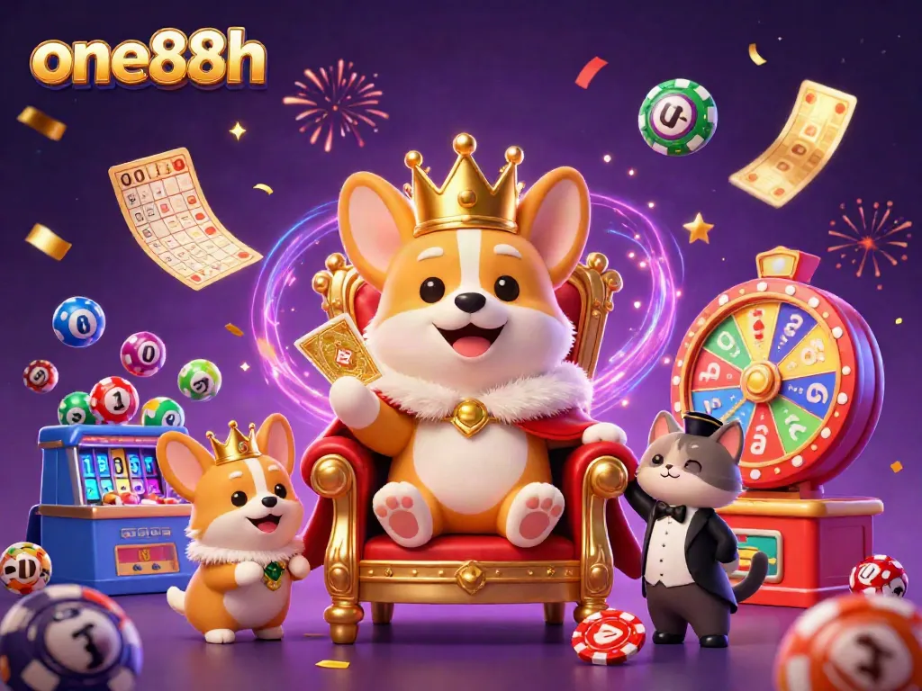 Experience thrilling casino fun at one88h, featuring a royal corgi on a poker chip throne surrounded by vibrant lottery elements.