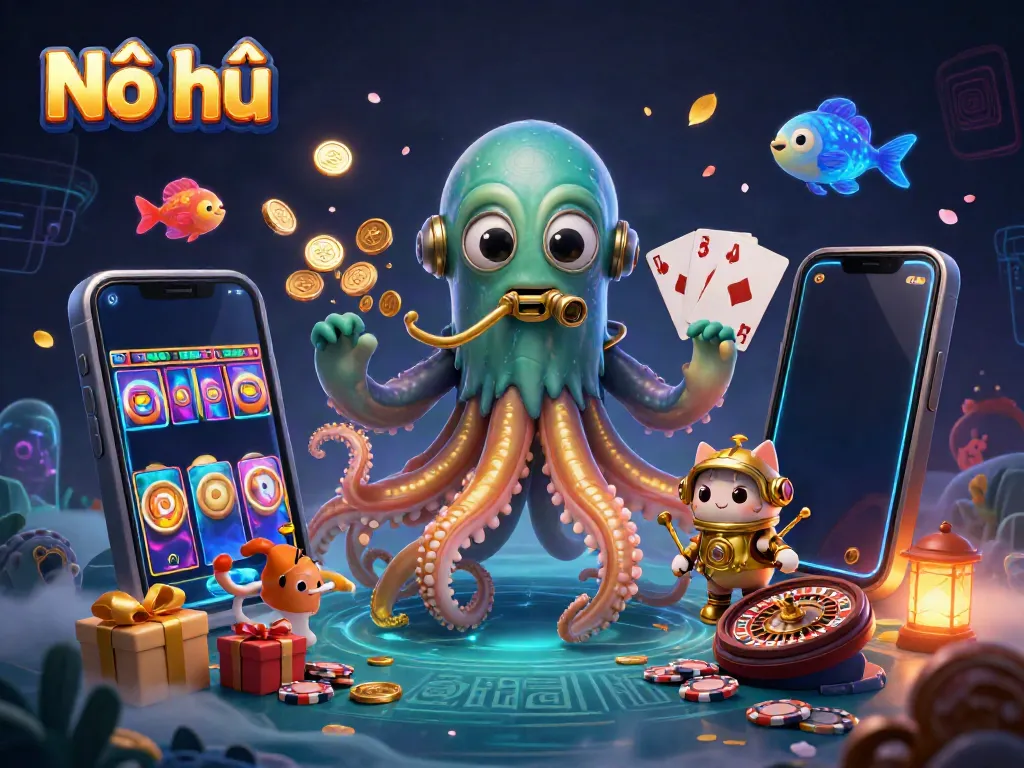 Experience the thrill of Nổ hũ as the kraken unveils treasures amidst vibrant slot gaming elements.