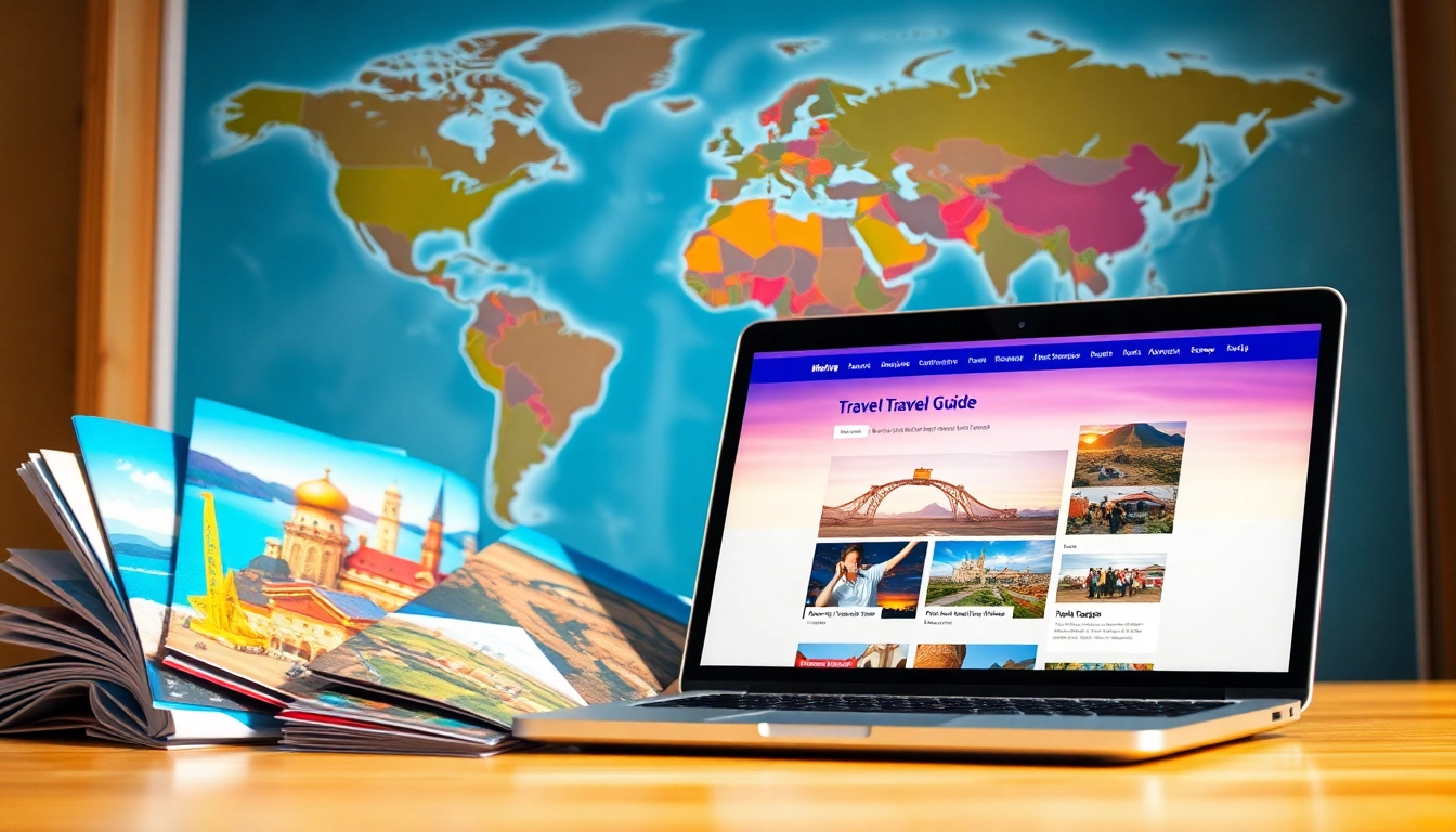 Reiseinformationen auf ansprechender Website mit Reiseführern und Landkarte im Hintergrund.