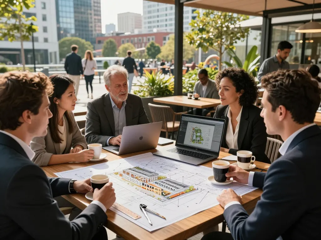 Dynamic urban collaboration on the five88 housing project in a sunlit café.