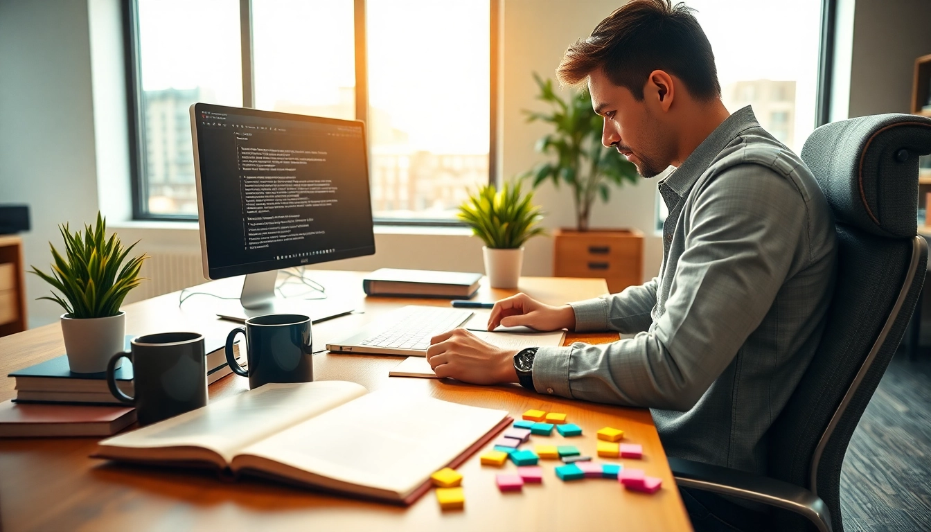 ki text humanisieren free – Writer crafting engaging content in a bright office setting