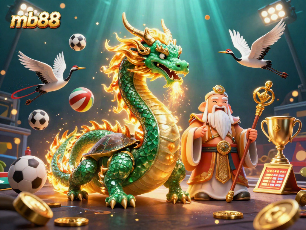 Engage in thrilling online casino action with mb88, featuring dragons and dragons amidst sparkling sports elements.