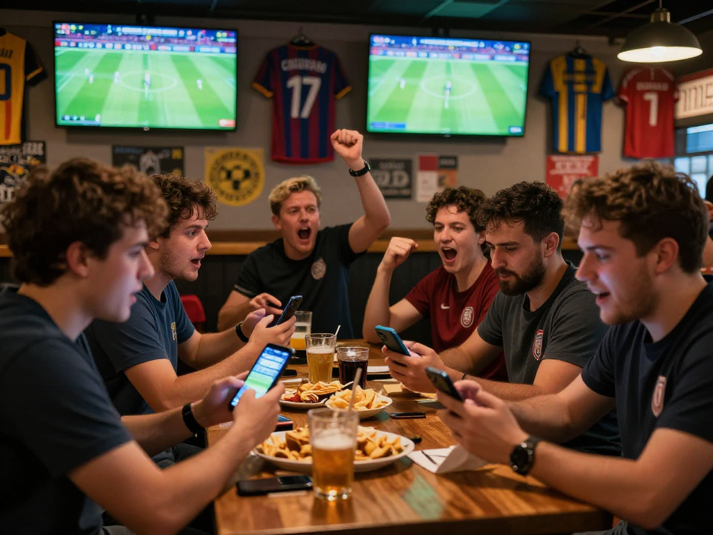 Fussball wetten tipps: Freunde analysieren Quoten beim Live-Spiel in Sportsbar.