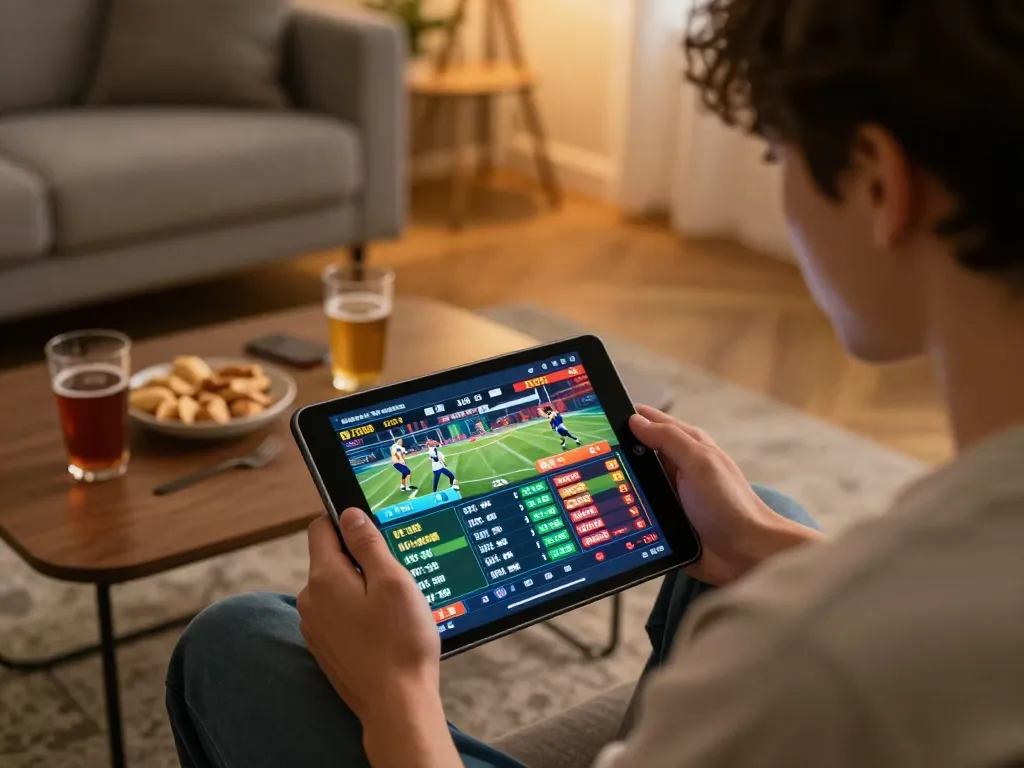 sin88 user engaged in sports betting on tablet in cozy home setup, showcasing strategy and excitement