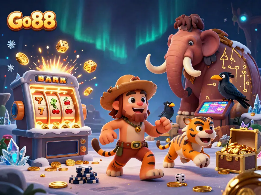 Spin the slots and win big with Go 88 in this vibrant casino adventure scene.