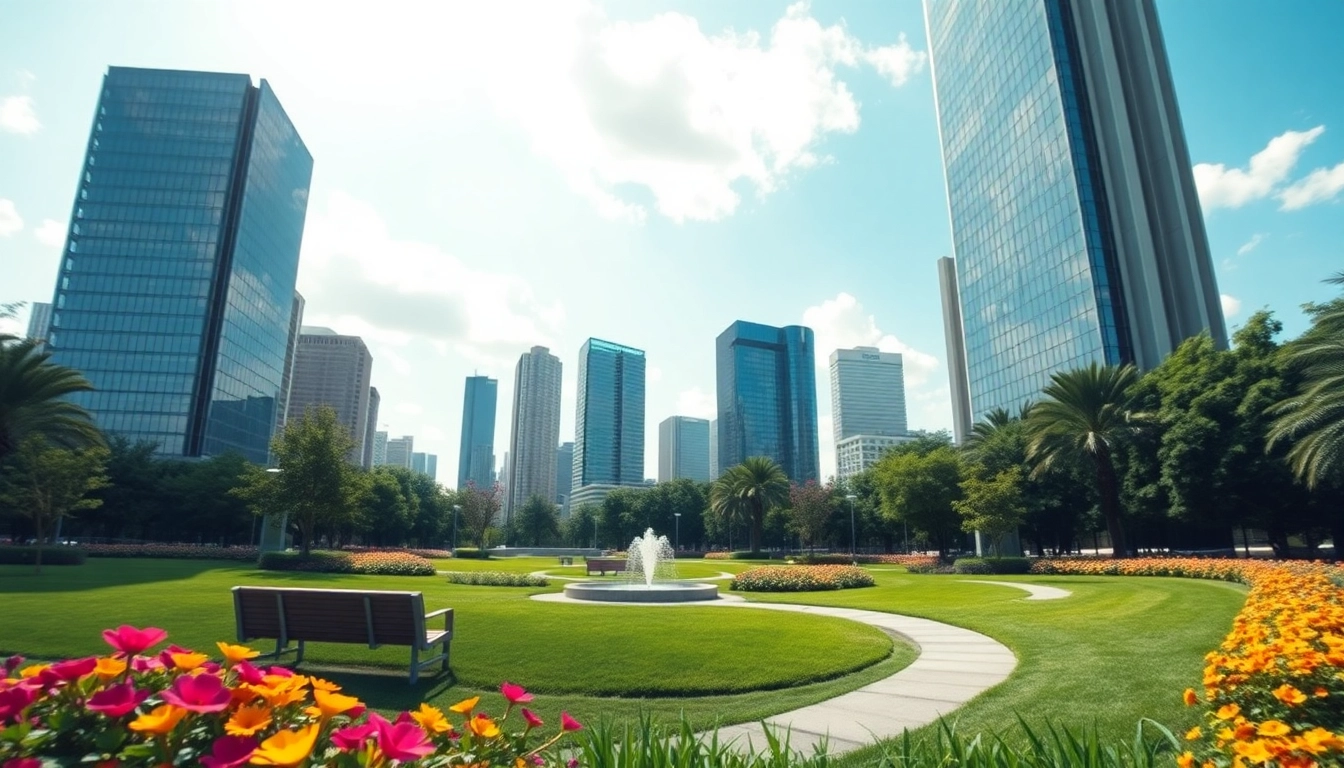 Architektur visualisierung von einem modernen Stadtpark mit Wolkenkratzern und lebendiger Natur.