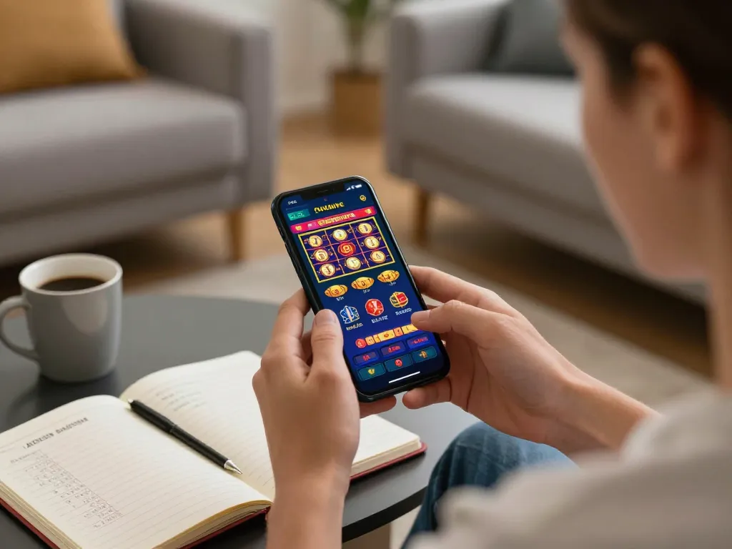 Player enjoying soibet on a smartphone during an exciting online slot game in a cozy living room.