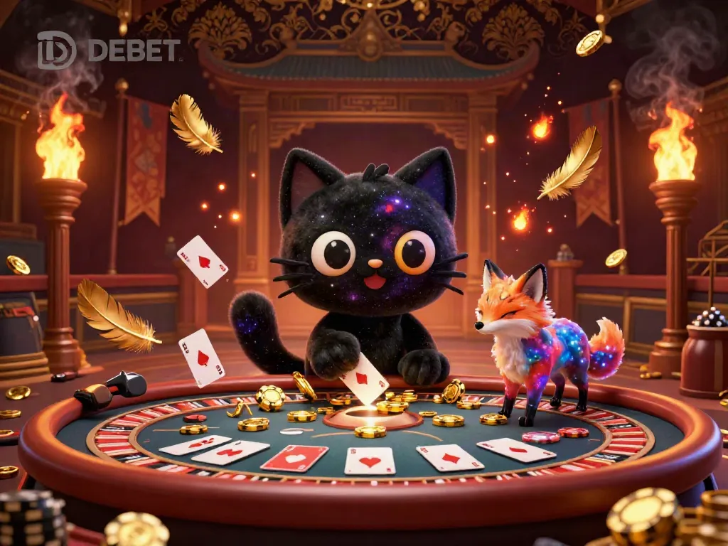 Experience the cosmic allure of DEBET with a black hole cat and nebula fox at the casino table, pulling in golden chips.