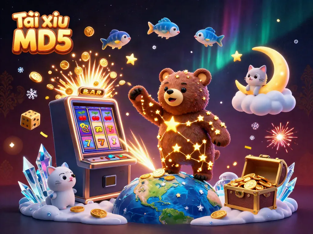 Experience the thrill of Tài xỉu MD5 with the constellation bear scooping coins in a vibrant casino scene.