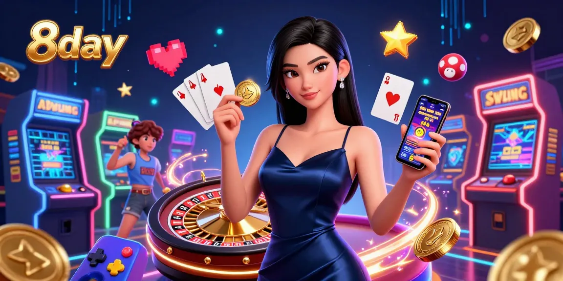 Win big at 8day with vibrant casino scenes featuring an Asian woman and dynamic gaming elements.