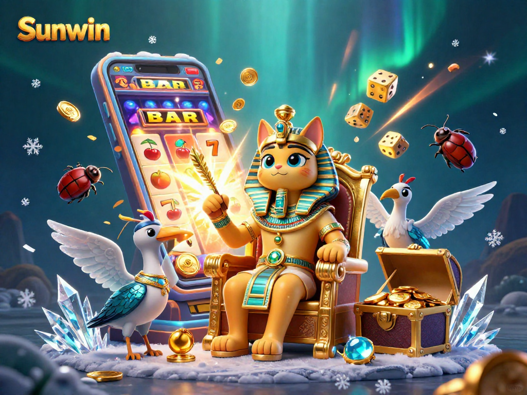 Experience exciting gaming with Sunwin, featuring a dynamic casino scene with engaging characters and vibrant slots elements.