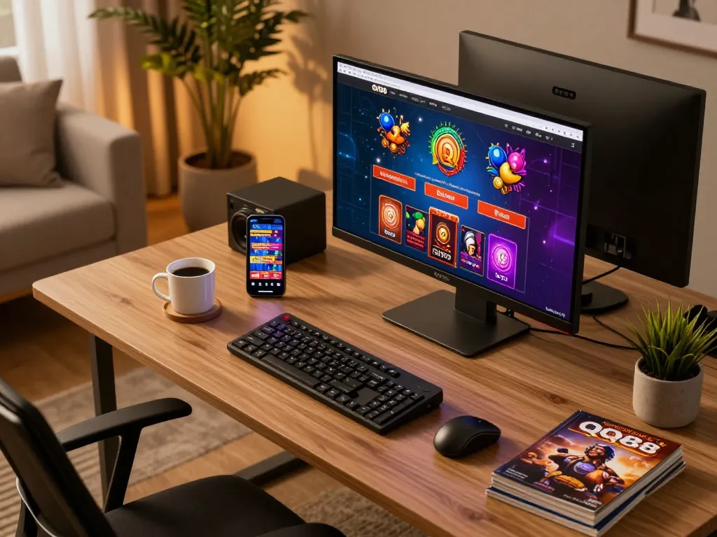 Engaging online gaming session on QQ88, displaying colorful casino interface on modern desktop setup.