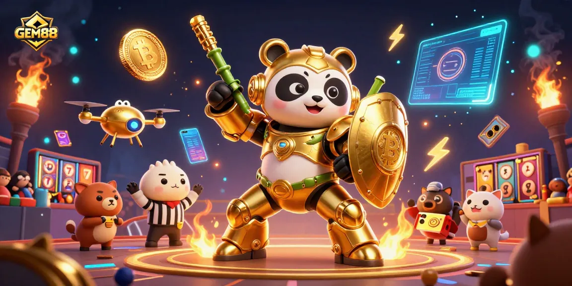 Engage in thrilling slots with GEM88 as a golden panda battles in a lively arena.