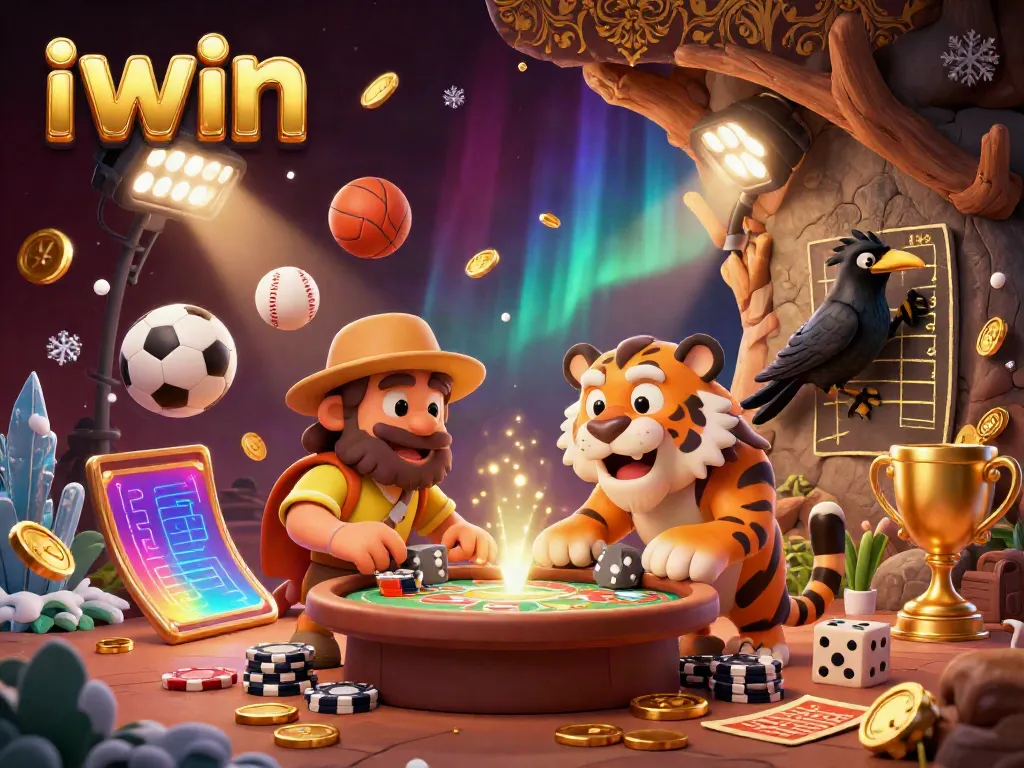 Engage in adventurous gaming at iwin with dynamic 3D casino elements and vibrant characters in a lively scene.