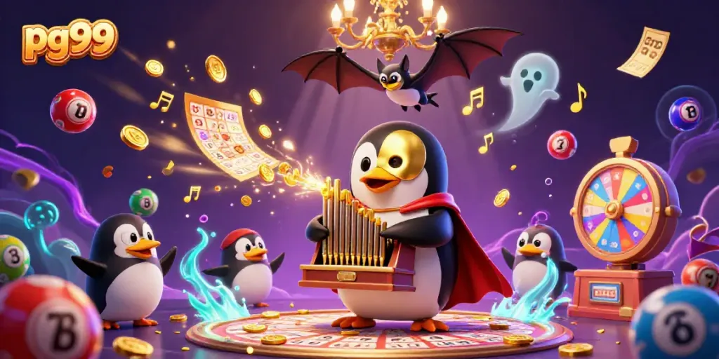 Engage in vibrant pg99 casino adventures with a 3D penguin organist amidst dynamic lottery elements.