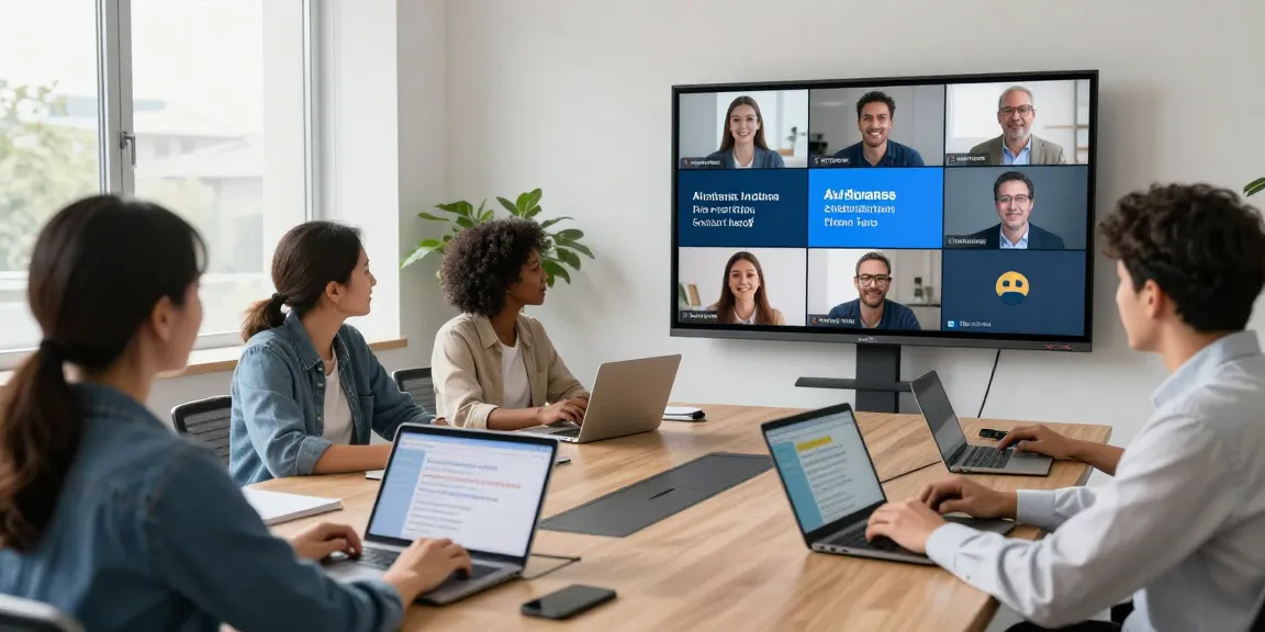 KI-Sprachübersetzer in einem modernen Besprechungsraum, wo ein Team virtuelle Meetings mit Echtzeitübersetzungen führt.