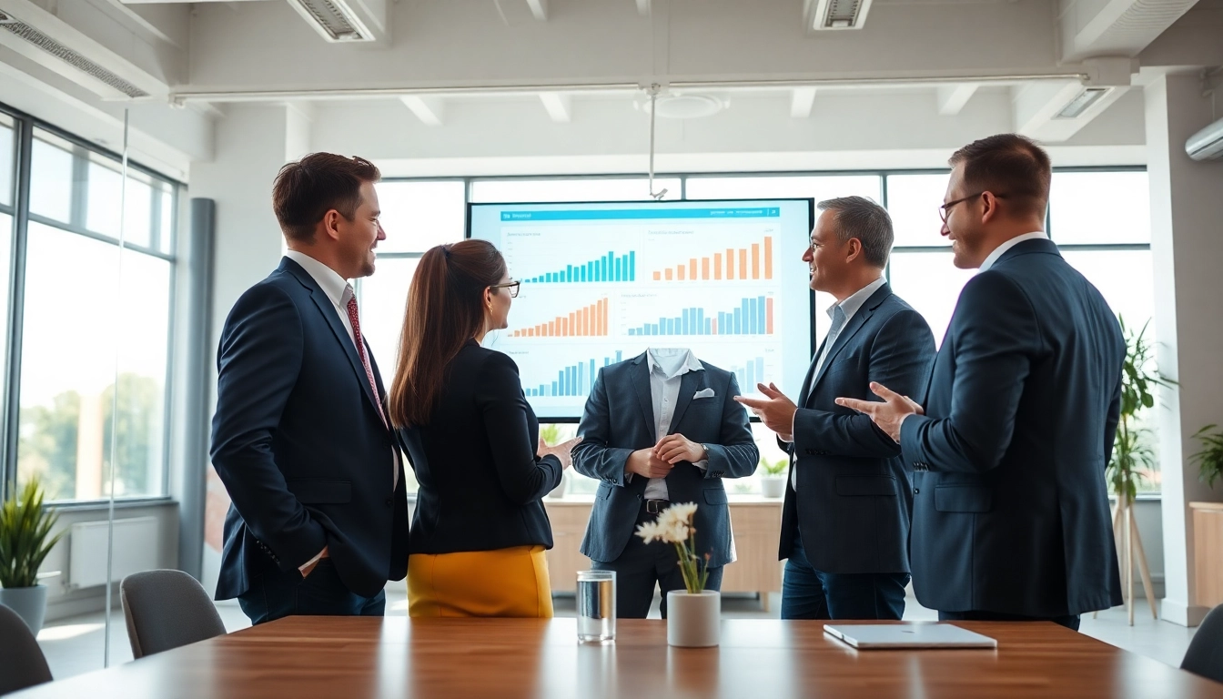 Diskussion über Werbung Trends in einem modernen Büro mit digitalen Anzeigen.