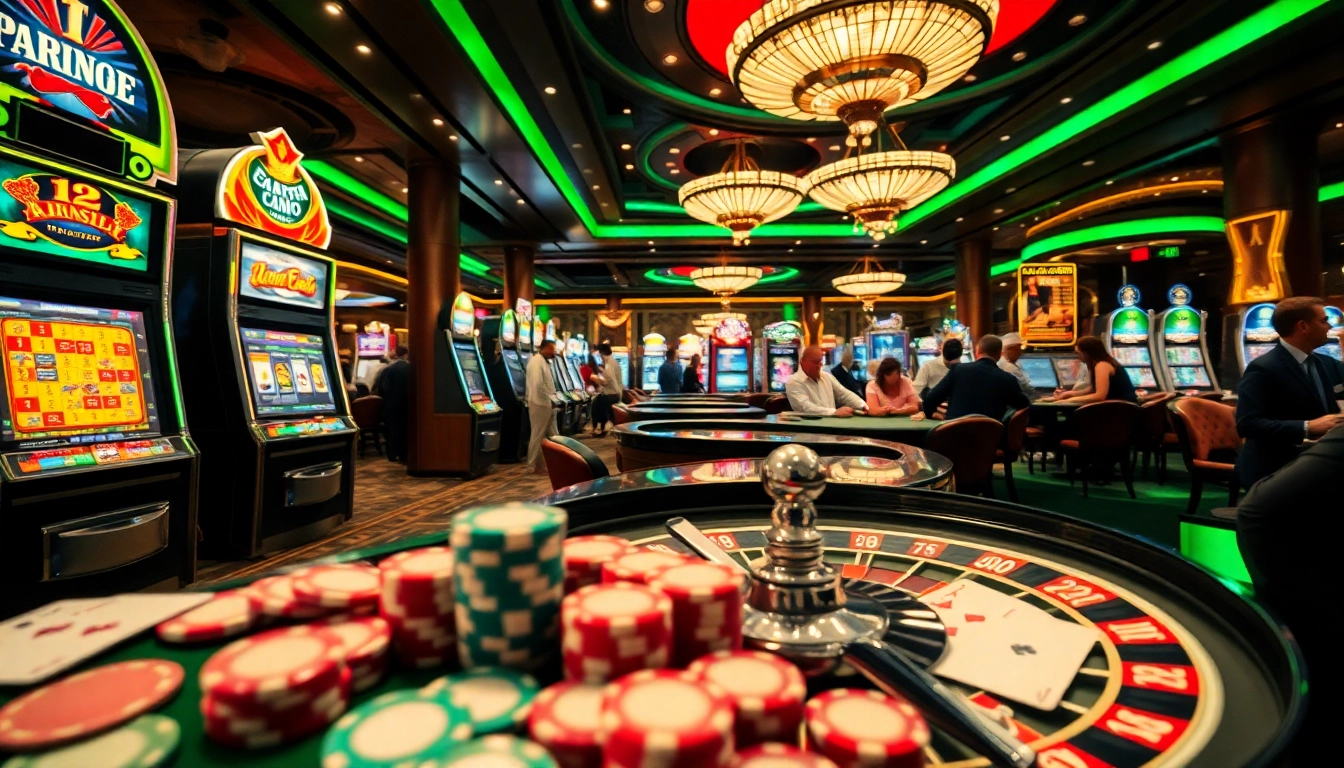 Spannende Spieler bei casino spiele.de mit lebhaften Spielautomaten und Roulettetischen in einem Casino.