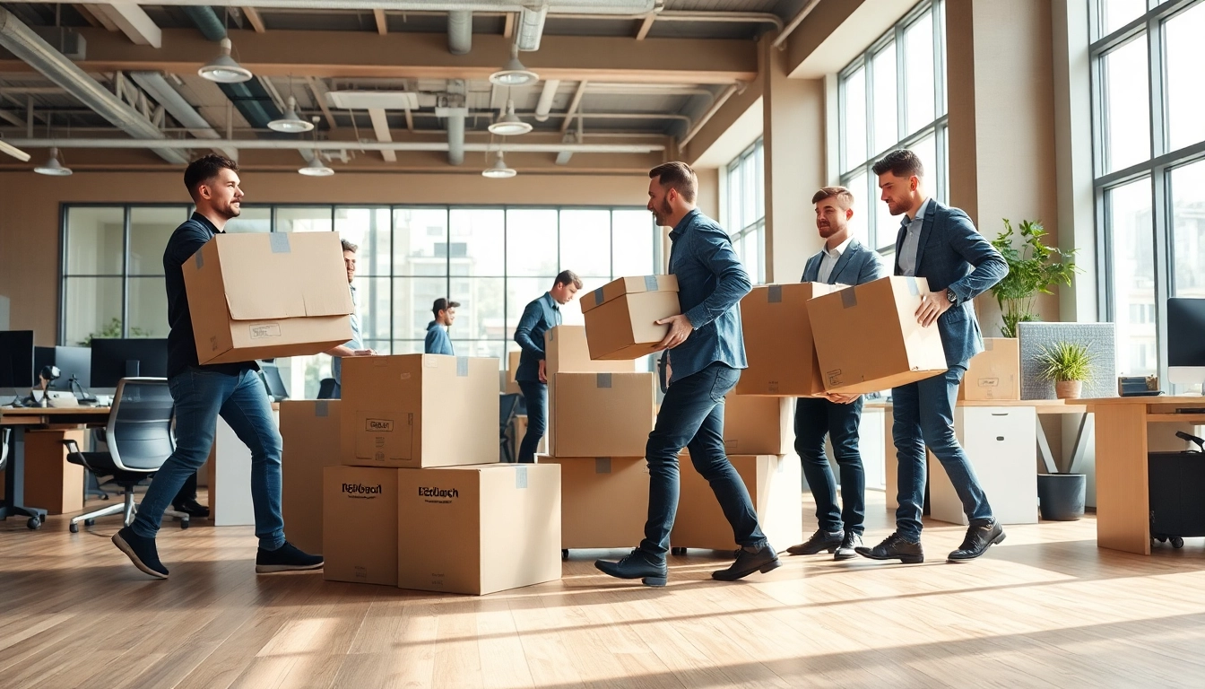 Efficient Büroumzug Berlin mit professionellem Umzugsteam, das Büromaterial verpackt.