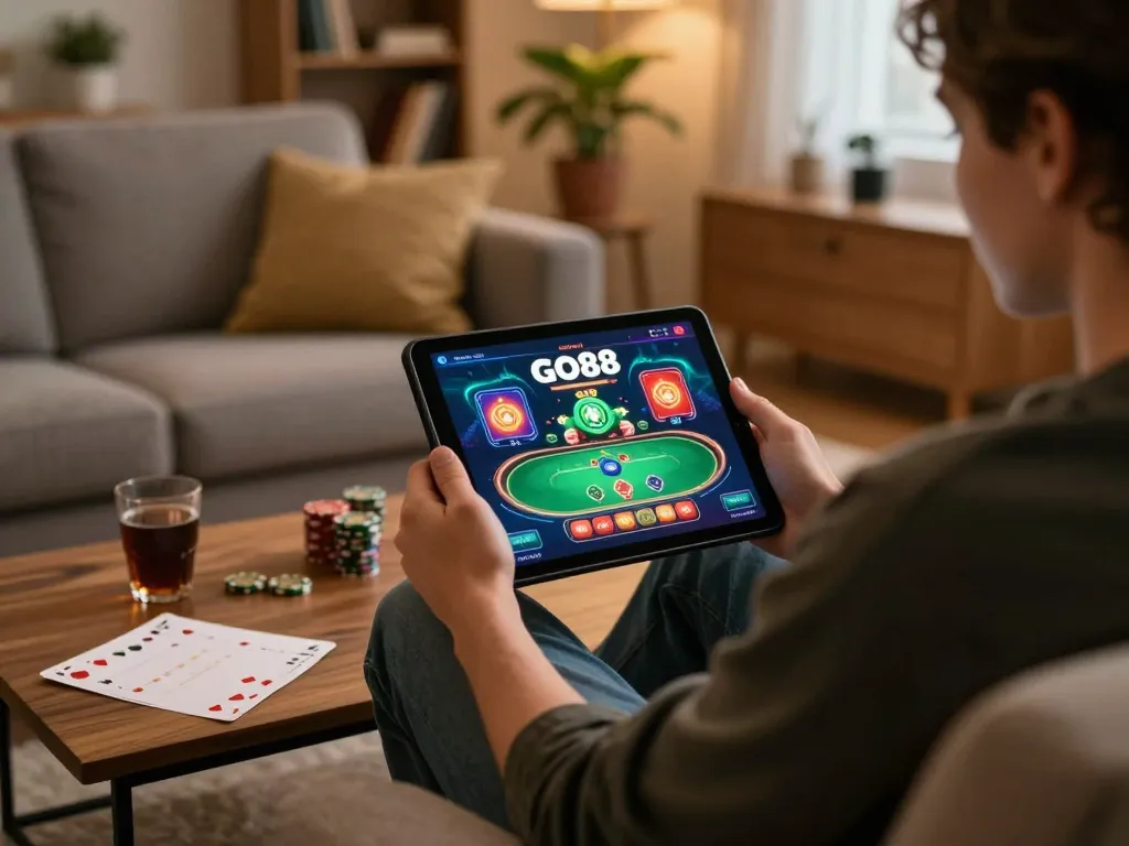 Engaged in GO88 online casino gaming, a player analyzes strategy on tablet in cozy home setup.