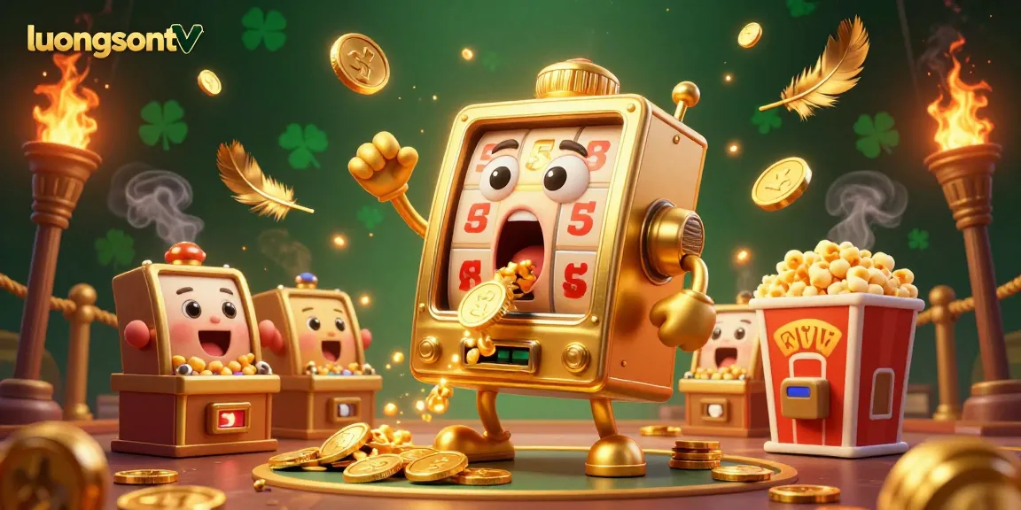 luongsontv slot machine hitting jackpot and coins pouring forth, creating an exciting gambling atmosphere.