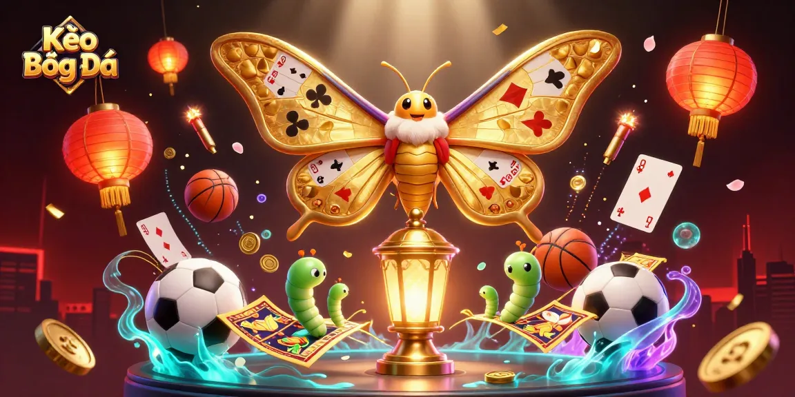 Kèo Bóng Đá features a vibrant 3D illustration of sports betting elements with a spectacular moth and gold lantern