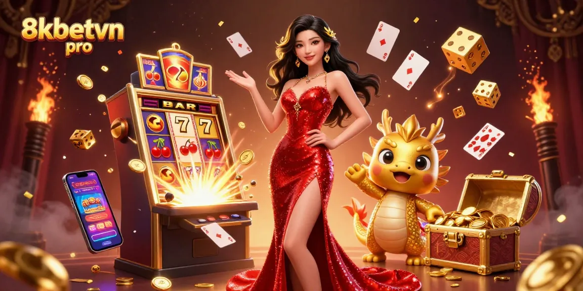 Experience dynamic gaming action with 8kbetvn pro, highlighting a welcoming Asian woman and a cartoon dragon mascot.