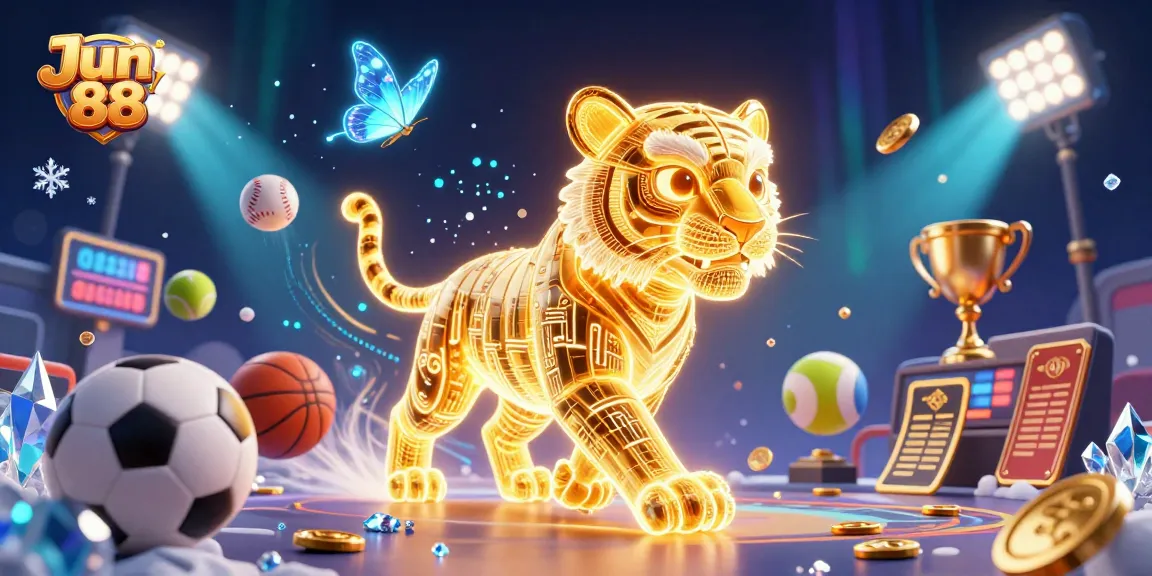 Win big with Jun 88 in this vibrant 3D casino scene featuring an energetic digital landscape filled with sports elements.