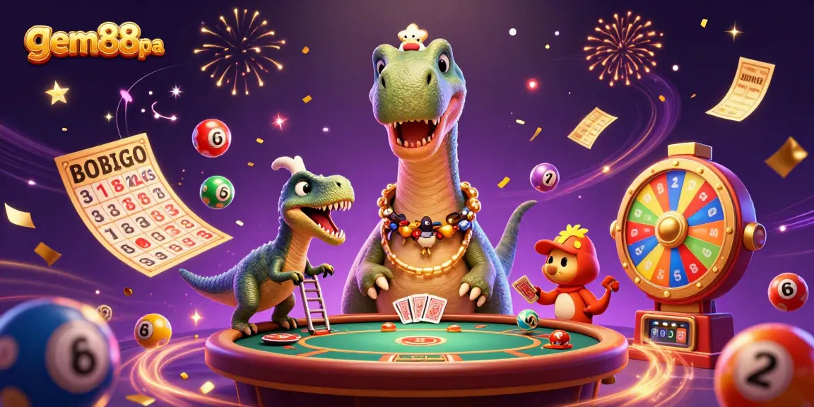 Watch the Brontosaurus at gem88pa as a raptor deals cards amidst colorful lottery elements.