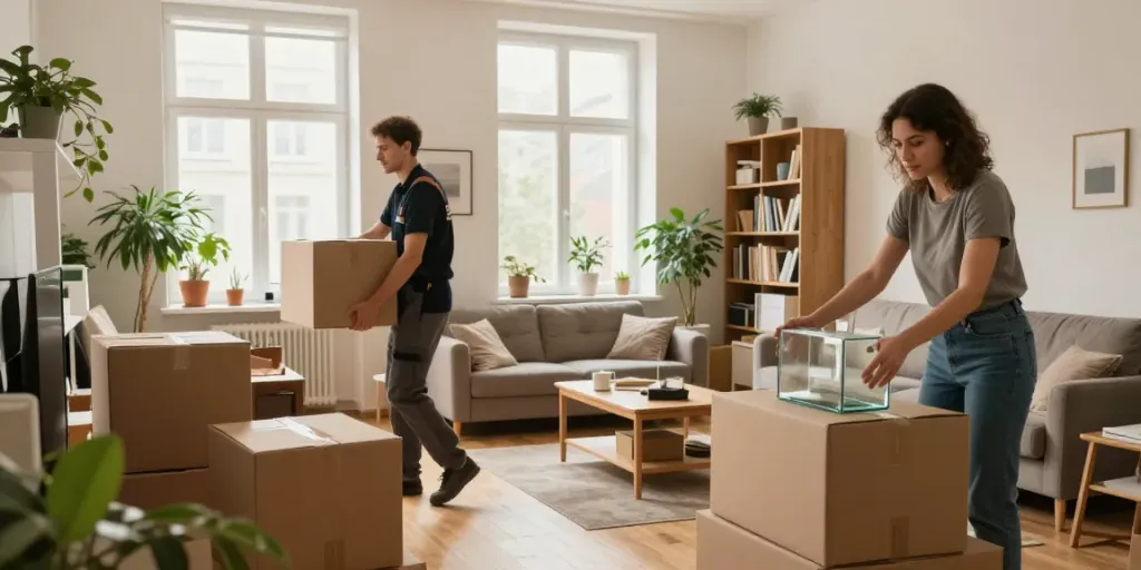 Professionelles Team bei der Wohnungsauflösung Berlin Schöneberg, während sie Umzugskartons packen.