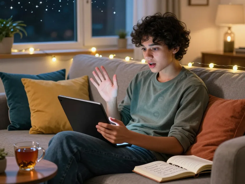Engaging in sexting AI chat on a tablet in a cozy living room, exploring emotional connections.