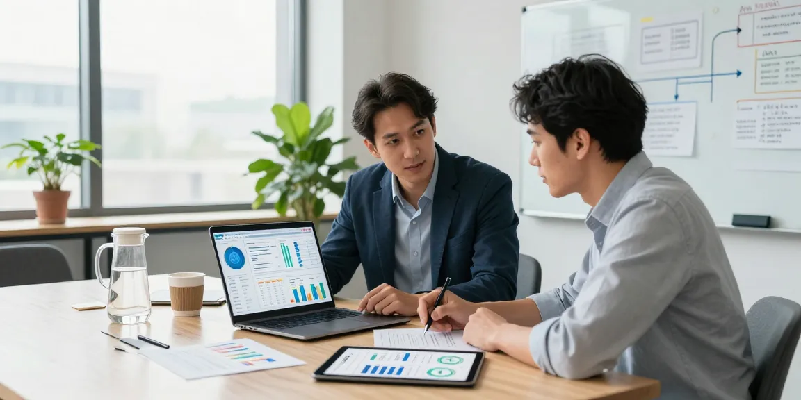 SP Webconsulting-Freelancer, der mit einem Geschäftsinhaber in einem modernen Büro zusammenarbeitet und E-Commerce-Analysen überprüft.