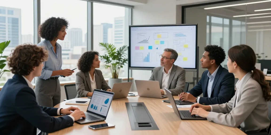 Branchenübergreifendes Unternehmer-Verzeichnis discussion among professionals in a modern corporate office.